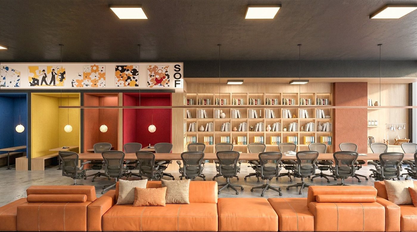 Render of the SOF learning space with study booths, a long work table and a library wall